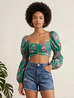 Zara Green Floral Puff-Sleeve Crop Top